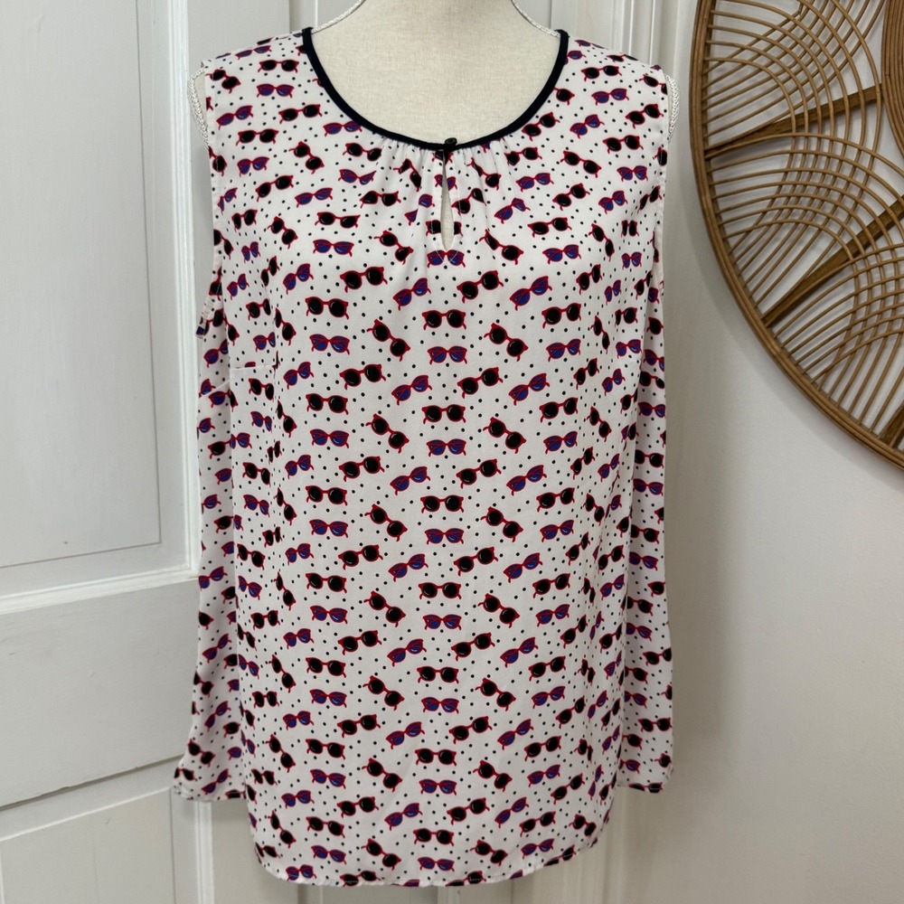 Talbots Sunglasses Blouse Sz L Top 4th of July Summer Office Nautical Travel Fun